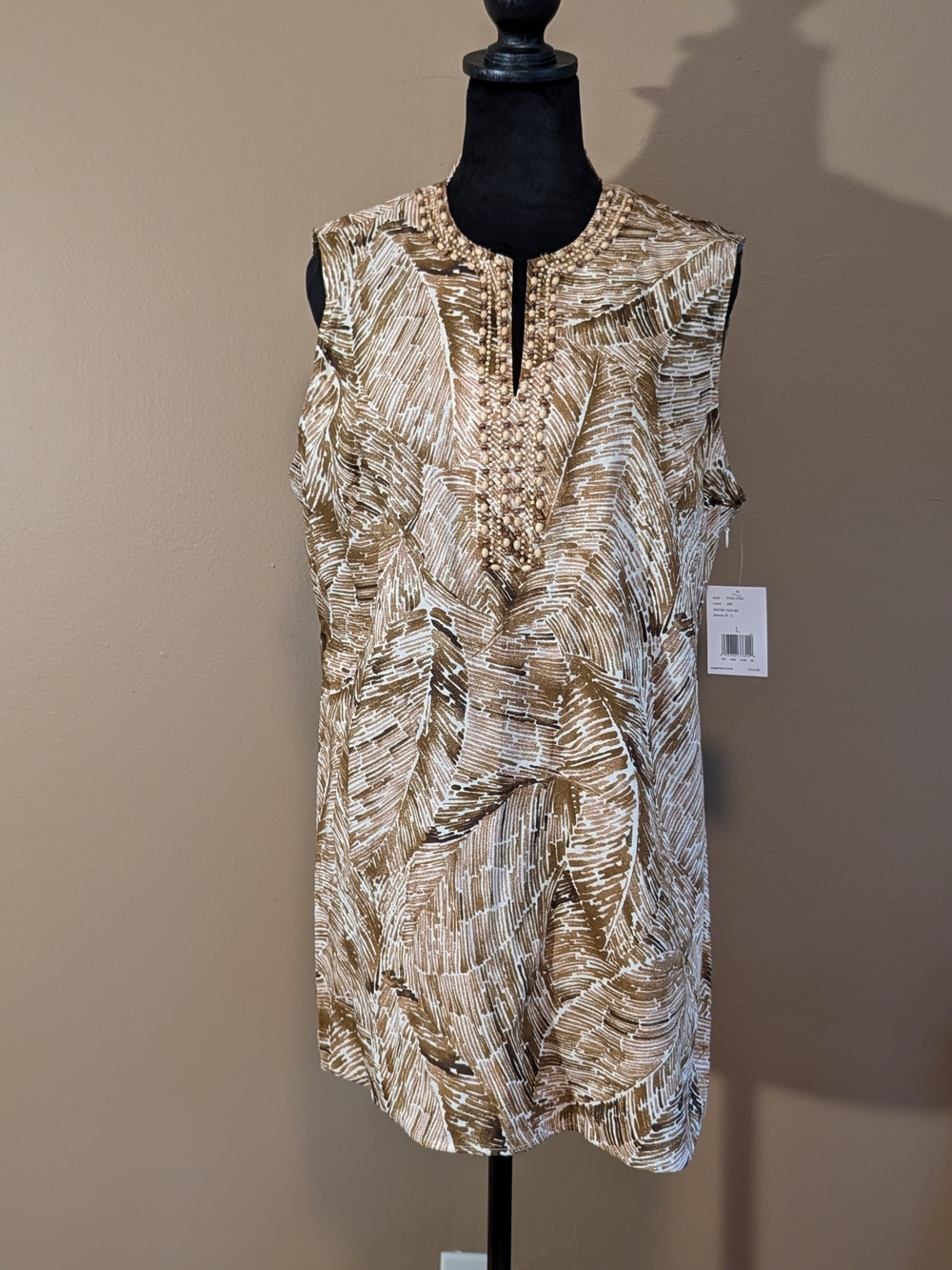 Brand New Sleeveless Beaded Neckline Blouse in Brown and White. Sz Lrg.